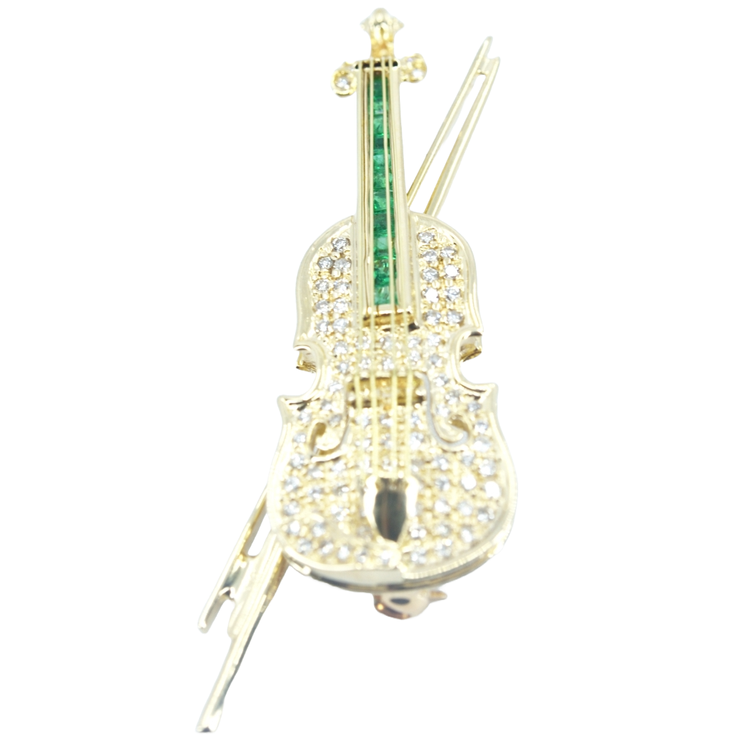 K18 バイオリンモチーフブローチ　ダイヤモンド・エメラルド付